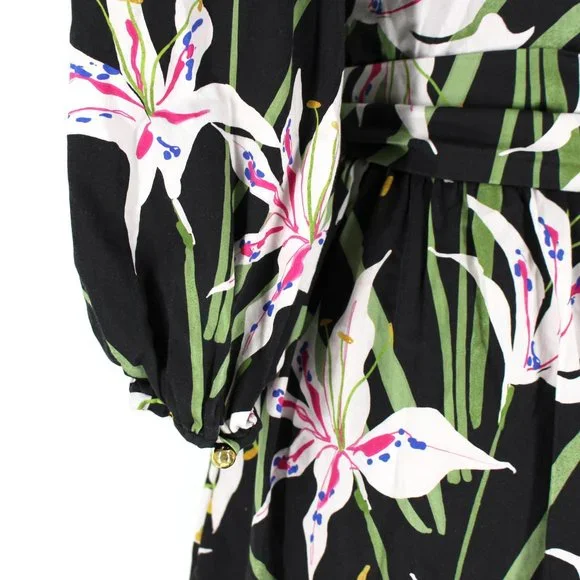 Borgo De Nor Anita Mini Dress Black Multicolor Lilly Print Ruffle Hem Belted 12